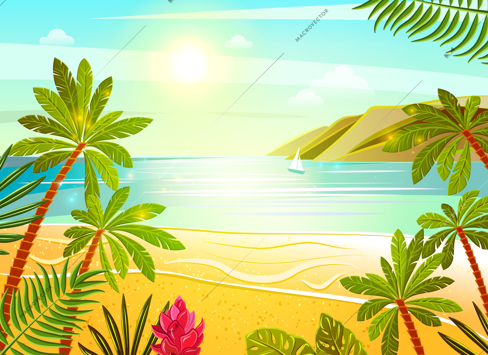 Tropical beach exotic summer vacation travel poster with sea view palms and flowers flat abstract vector illustration