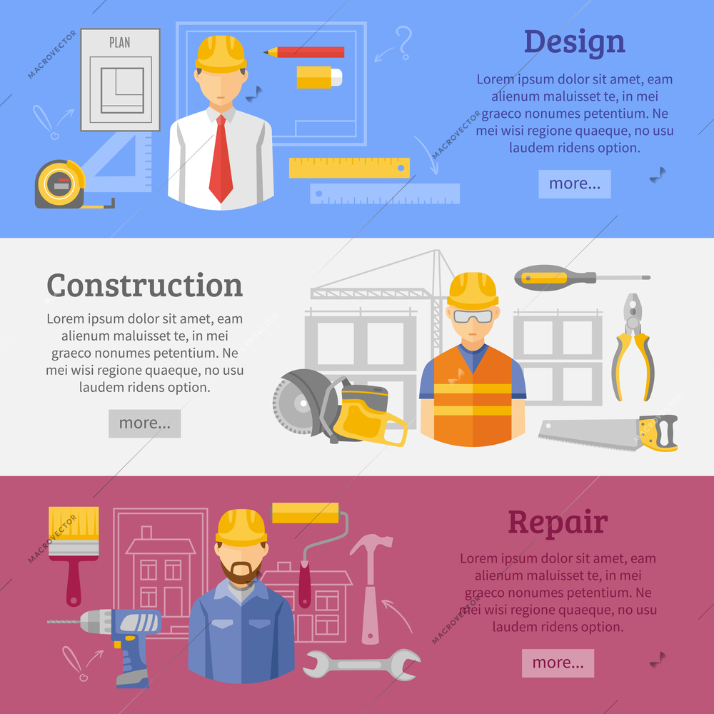 Buildings design construction and reparation carpentry works website concept 3 flat horizontal banners set abstract vector illustration