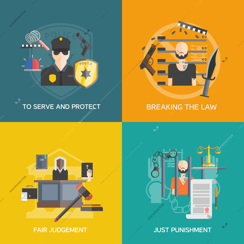 Fair judgement and just punishment icons set with breaking the law and police flat isolated vector illustration