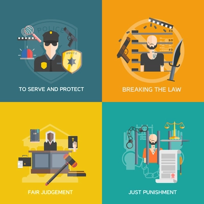 Fair judgement and just punishment icons set with breaking the law and police flat isolated vector illustration