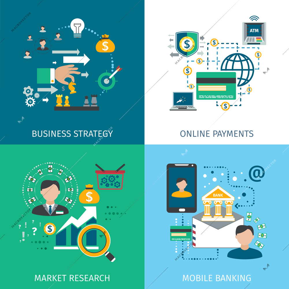 Banking marketing icons set with business strategy online payments and mobile services flat isolated vector illustration