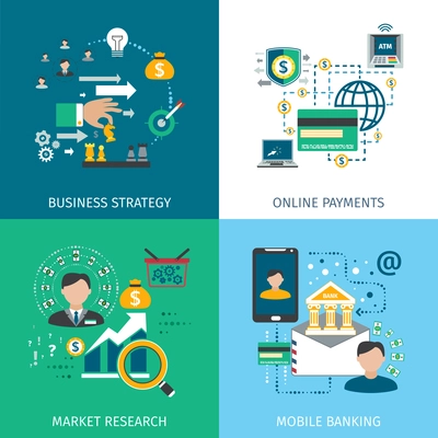 Banking marketing icons set with business strategy online payments and mobile services flat isolated vector illustration