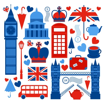 London symbols collection of tower bridge big ben and telephone booth culture isolated vector illustration