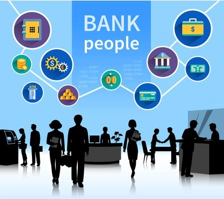 Financial bank institution dealing with money transactions loans and deposits symbols composition poster abstract flat vector illustration