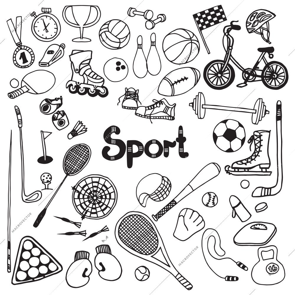 Doodle sport equipment set with soccer ball timer fitness weight vector illustration
