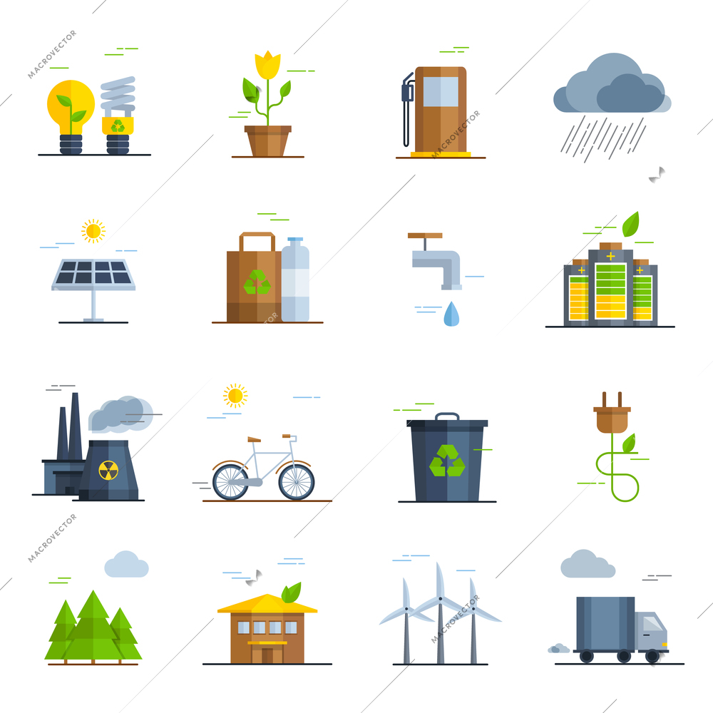 Ecology icons set with bicycle forest solar energy and water flat isolated vector illustration