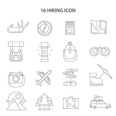 Hiking line black white icons set with compass map and car flat isolated vector illustration