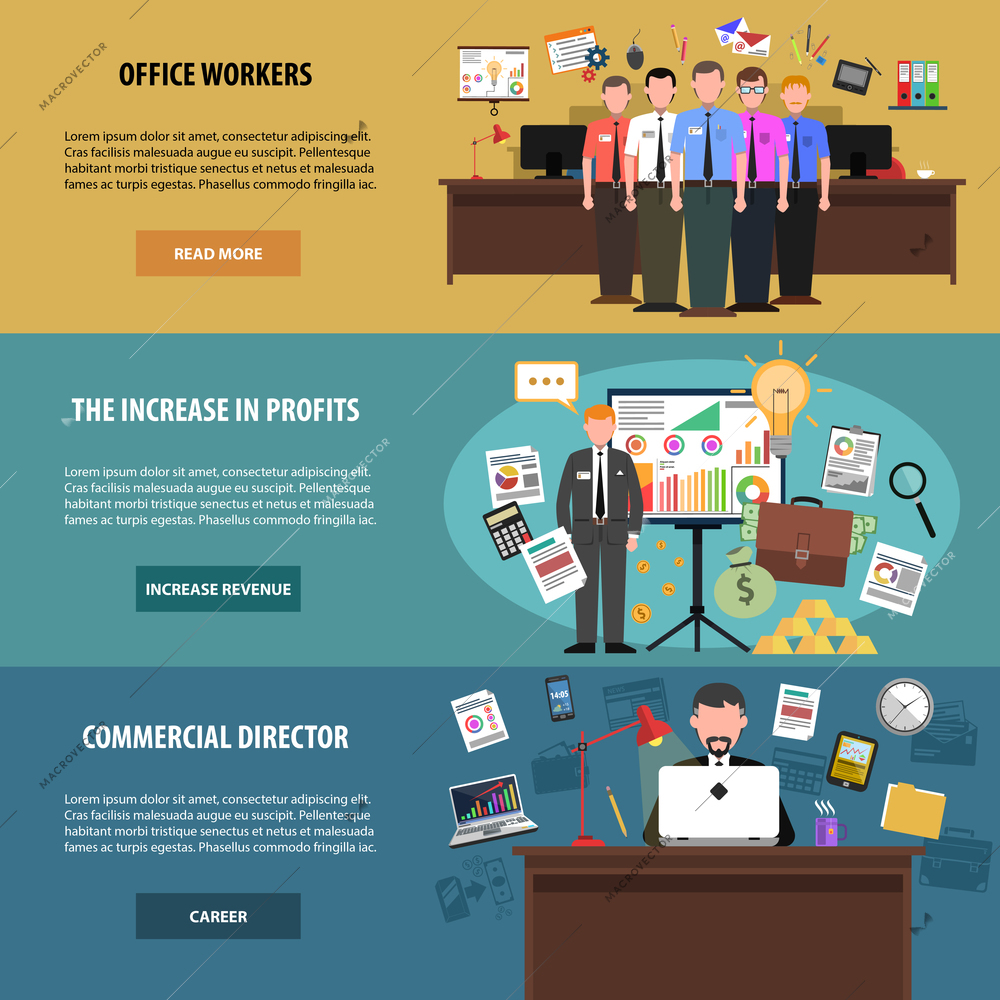 Office horizontal banner set with workers and director avatars isolated vector illustration