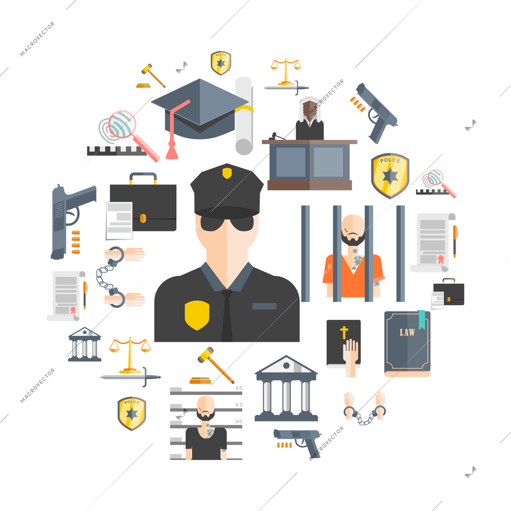 Justice and punishment concept with court judges and police flat vector illustration
