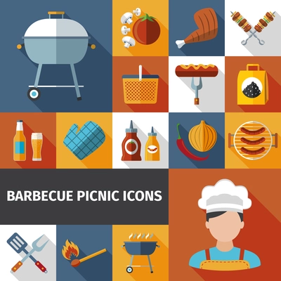 Family weekend barbeque picnic flat icons set with bbq grill and meat with beer abstract vector illustration