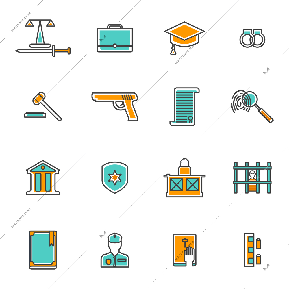 Judgement and law line icons set with court prison and criminal flat isolated vector illustration