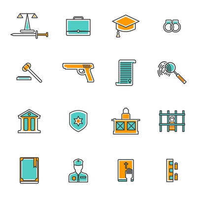 Judgement and law line icons set with court prison and criminal flat isolated vector illustration