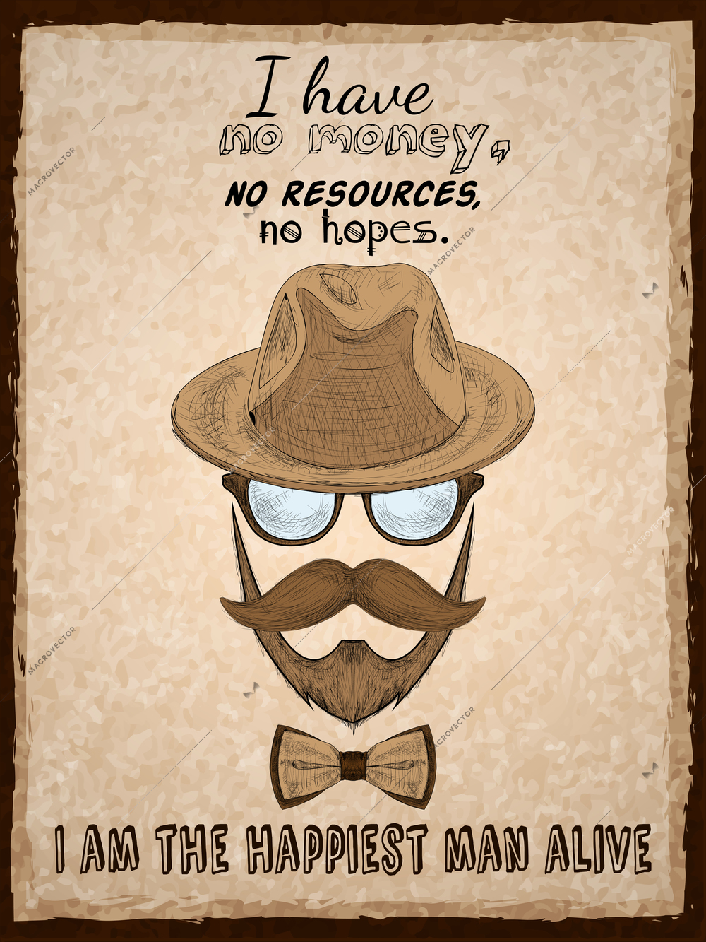 Hand drawn hipster poster print with glasses beard mustache hat and pipe vector illustration