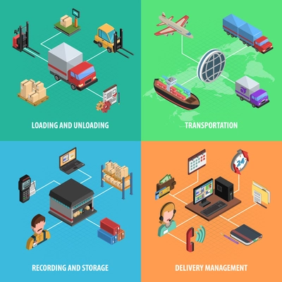 Delivery and logistic square isometric icon set with loading transportation store and delivery management vector illustration