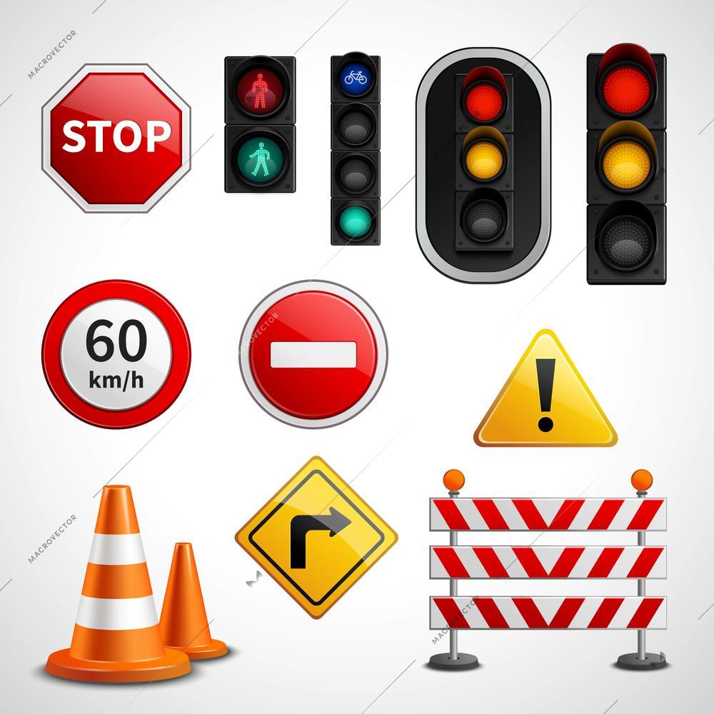 Road traffic flow regulatory signs and stoplights colorful glossy pictograms collection educative banner realistic vector isolated illustration