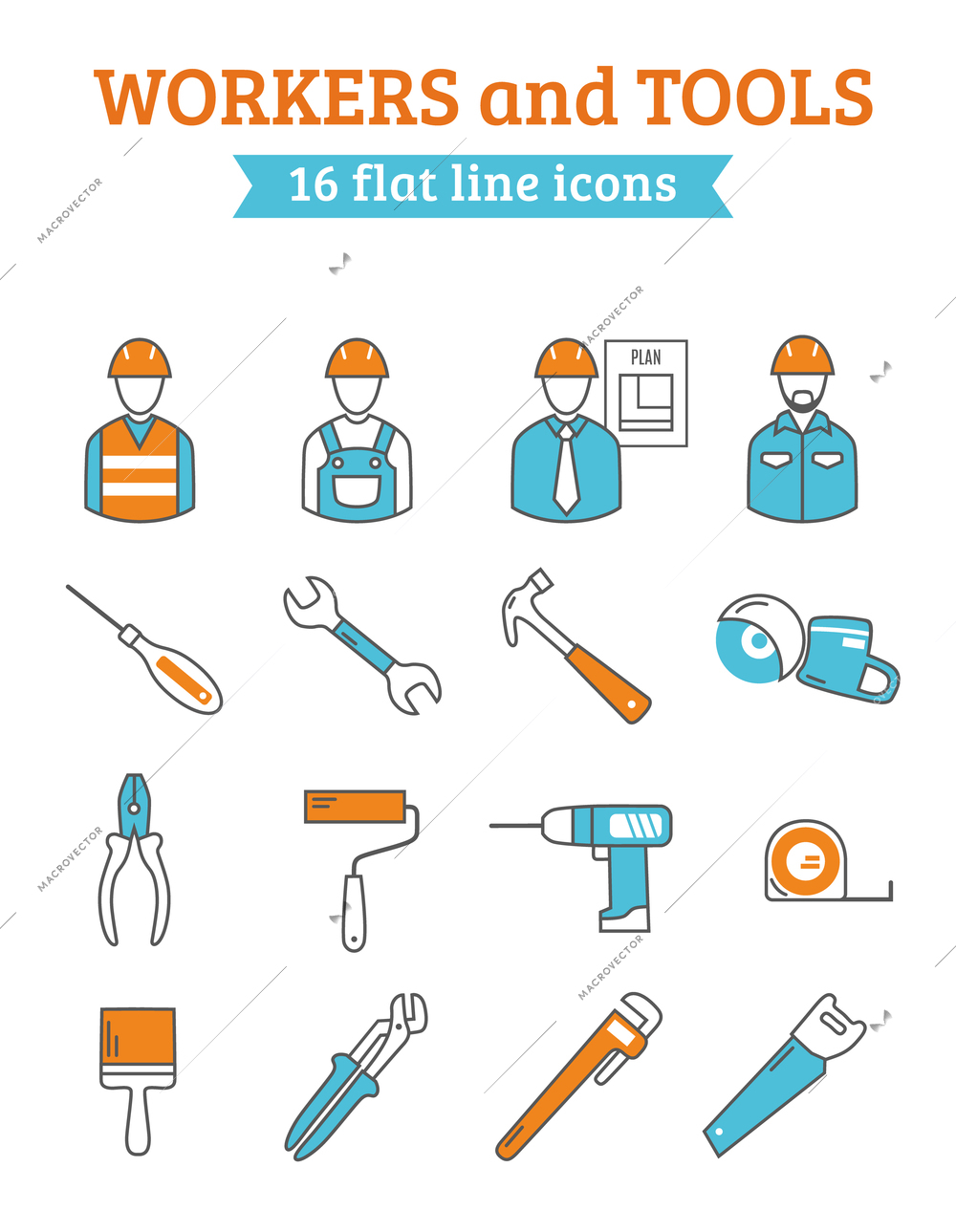 Construction project manager with foreman workers  and tools 16 line icons collection  poster abstract isolated vector illustration. Editable EPS and Render in JPG format