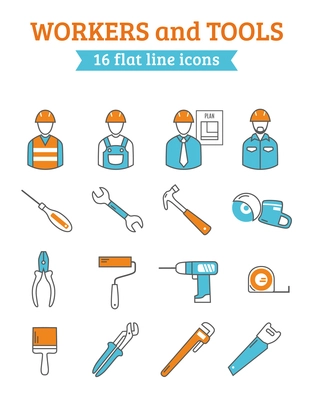 Construction project manager with foreman workers  and tools 16 line icons collection  poster abstract isolated vector illustration. Editable EPS and Render in JPG format