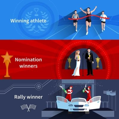 Sports and nomination winners horizontal banners set with rally and athletes flat isolated vector illustration