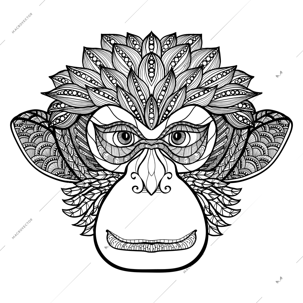 Doodle front view monkey face with decorative ornament black vector illustration