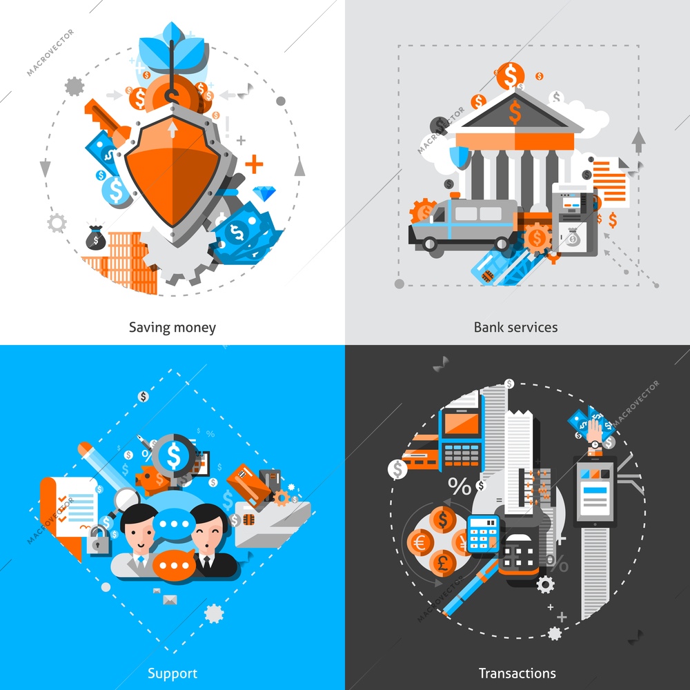 Banking design concept set with saving money and transaction support icons isolated vector illustration