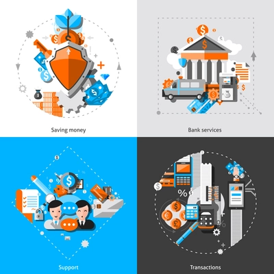 Banking design concept set with saving money and transaction support icons isolated vector illustration