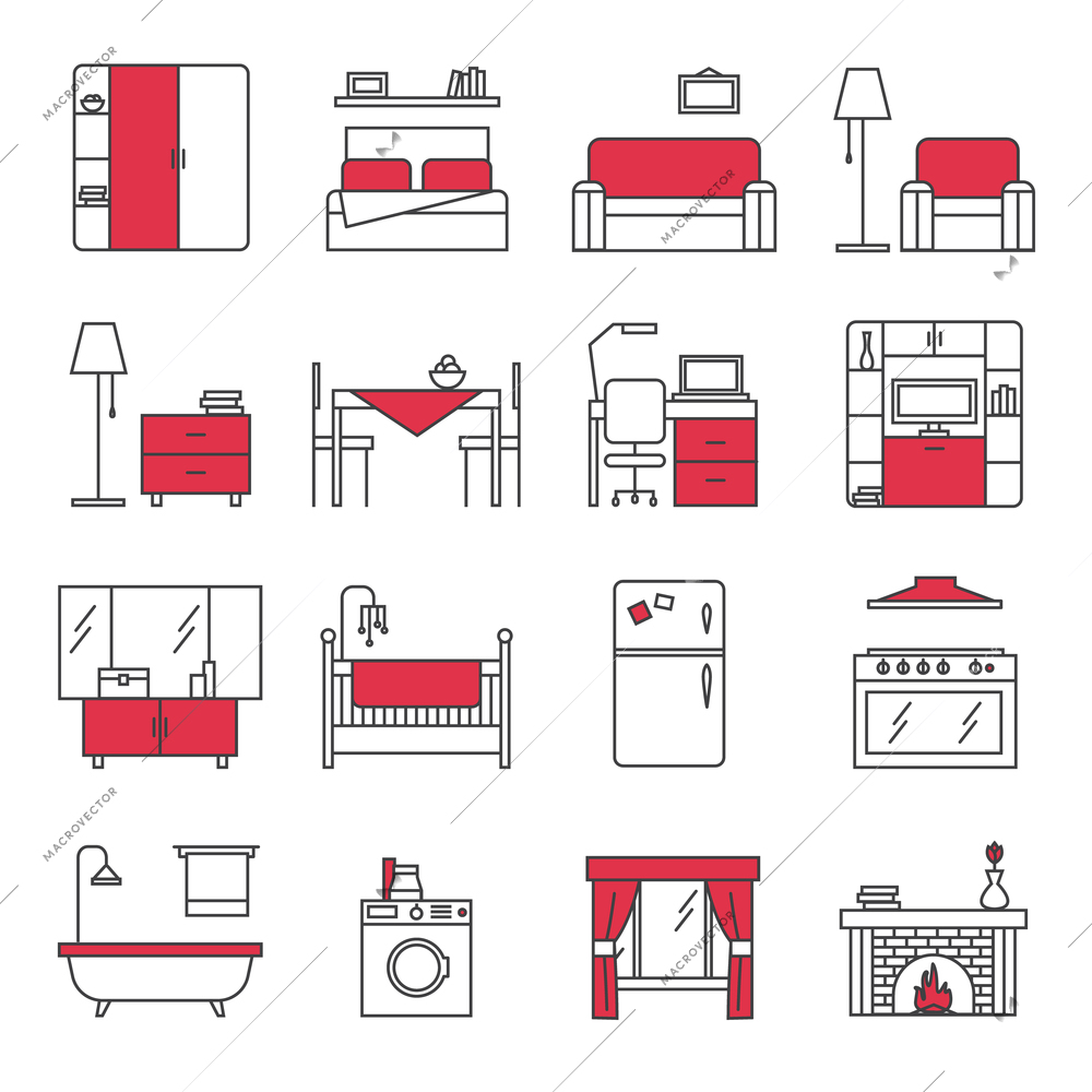 Furniture line icons set with bedroom kitchen bathroom and living room red black flat isolated vector illustration