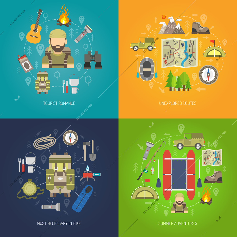 Tourism design concept set with summer adventure flat icons isolated vector illustration