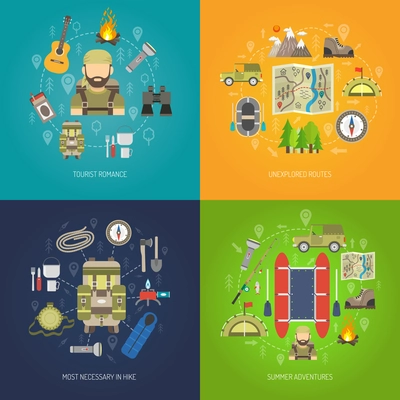 Tourism design concept set with summer adventure flat icons isolated vector illustration