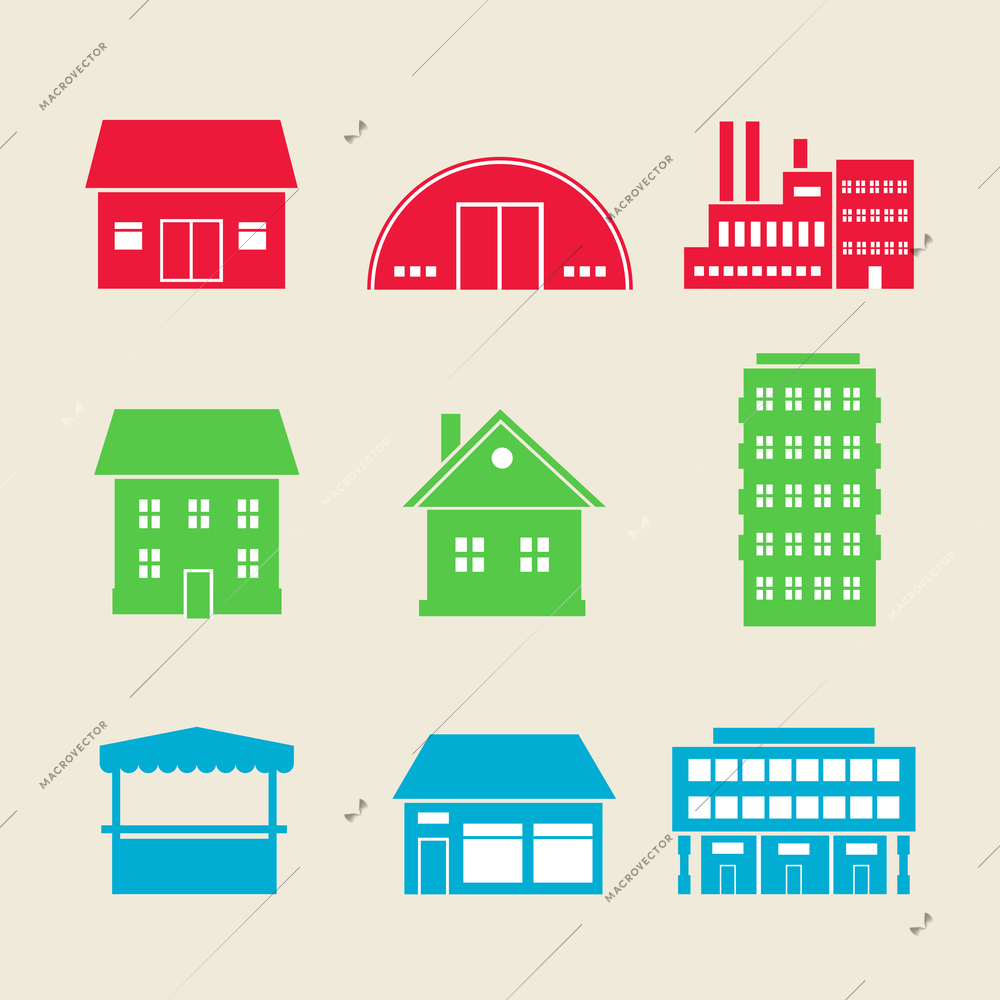 Set of commercial, residential and industrial building icons vector illustration