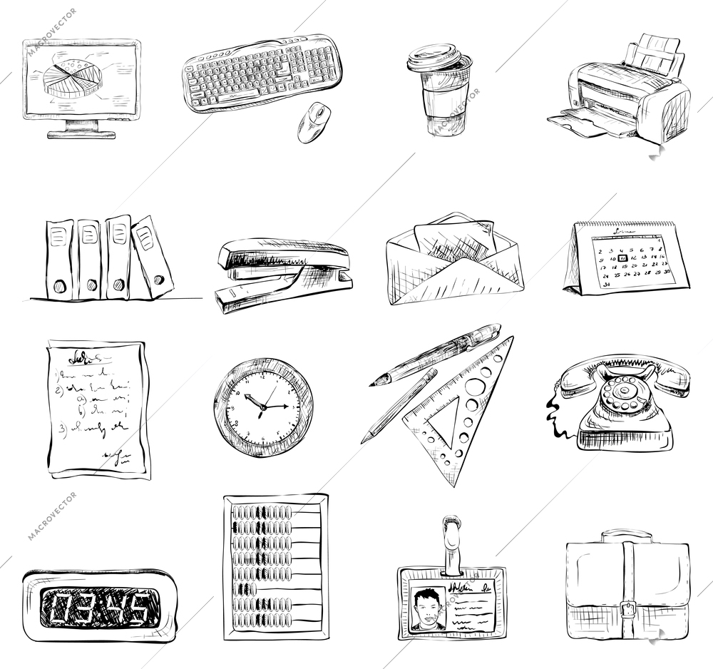 Business office stationery supplies icons set of computer keyboard printer and phone isolated sketch vector illustration