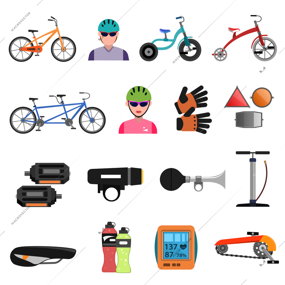 Bicycle sport icons flat set with cycling accessories isolated vector illustration