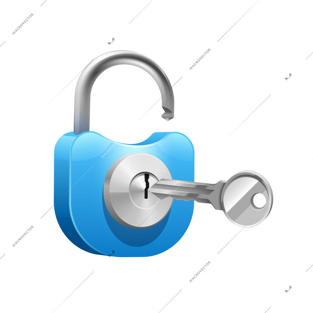 Metal blue padlock with key for opening or closing realistic vector illustration