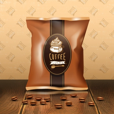 Coffee pack design with beans wooden table and wallpaper realistic vector illustration