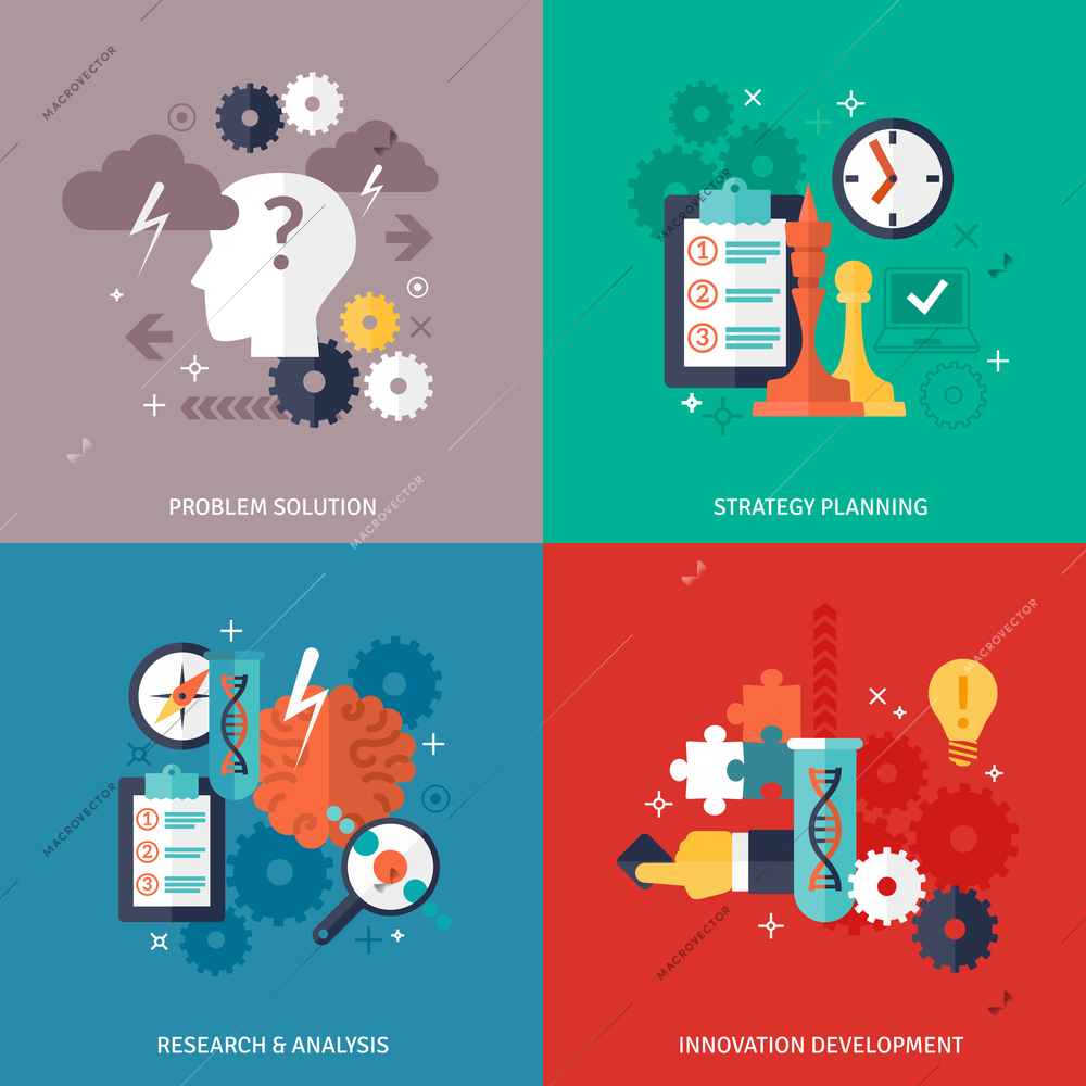 Workflow and business icons set with problem solution strategy planning research and development symbols flat isolated vector illustration