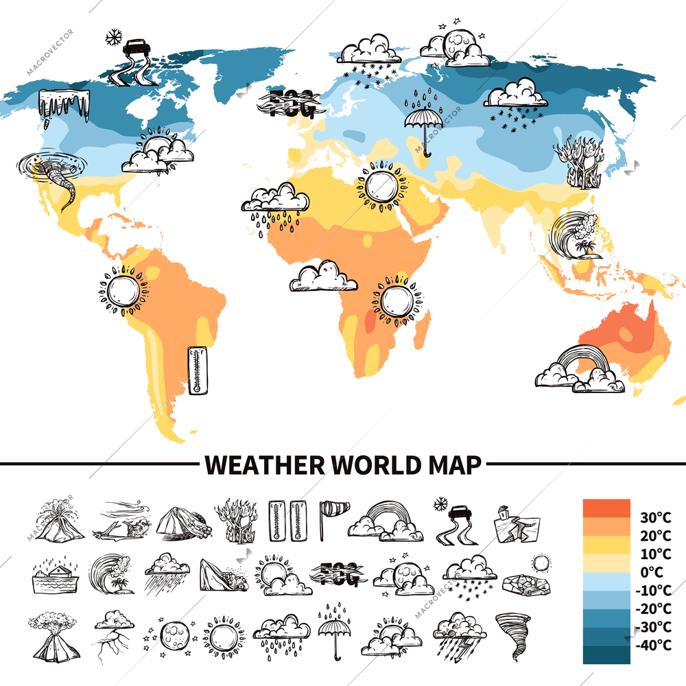 Meteorology design concept with sketch weather forecast symbols on world map vector illustration