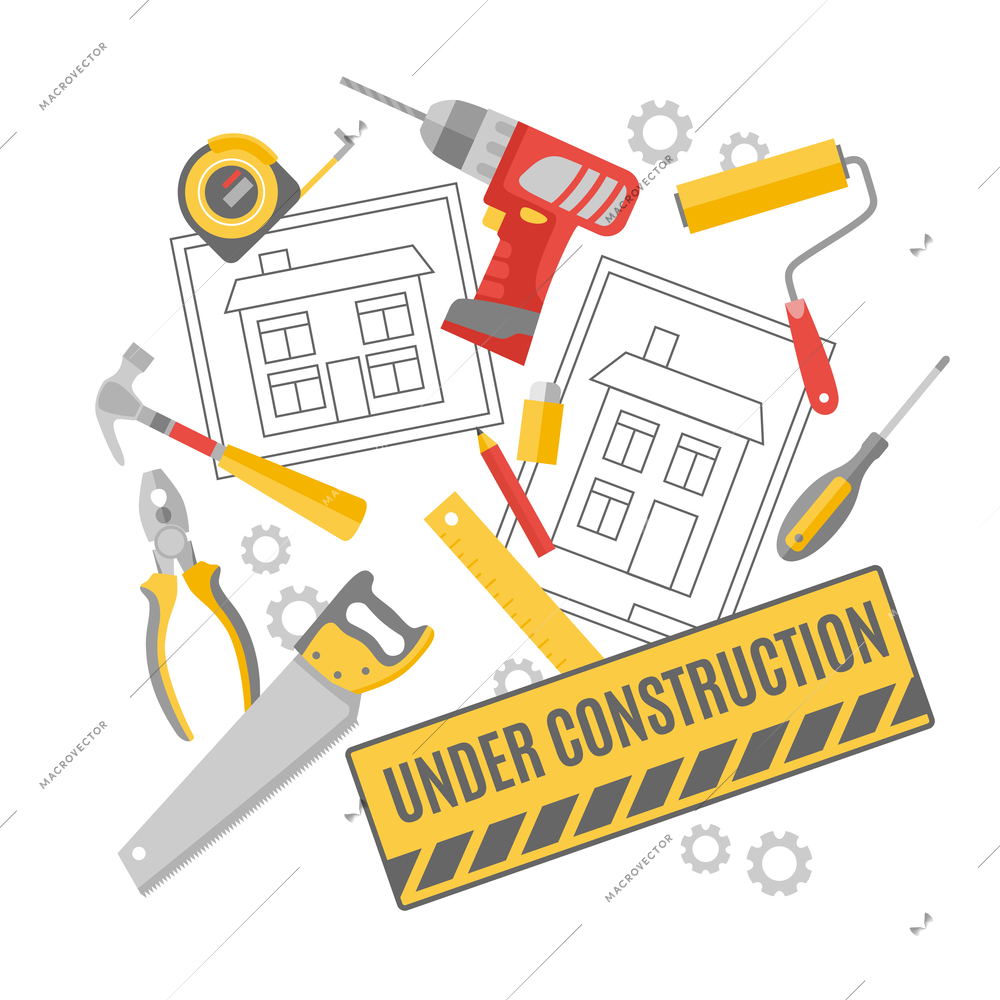 Construction worker building project technical drawing carpentry tools and accessories decorative pictograms composition poster abstract vector illustration