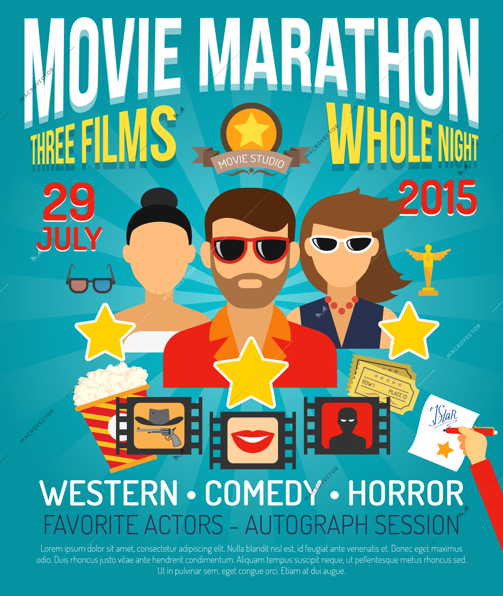 Movie marathon promo poster with actors portraits flat vector illustration