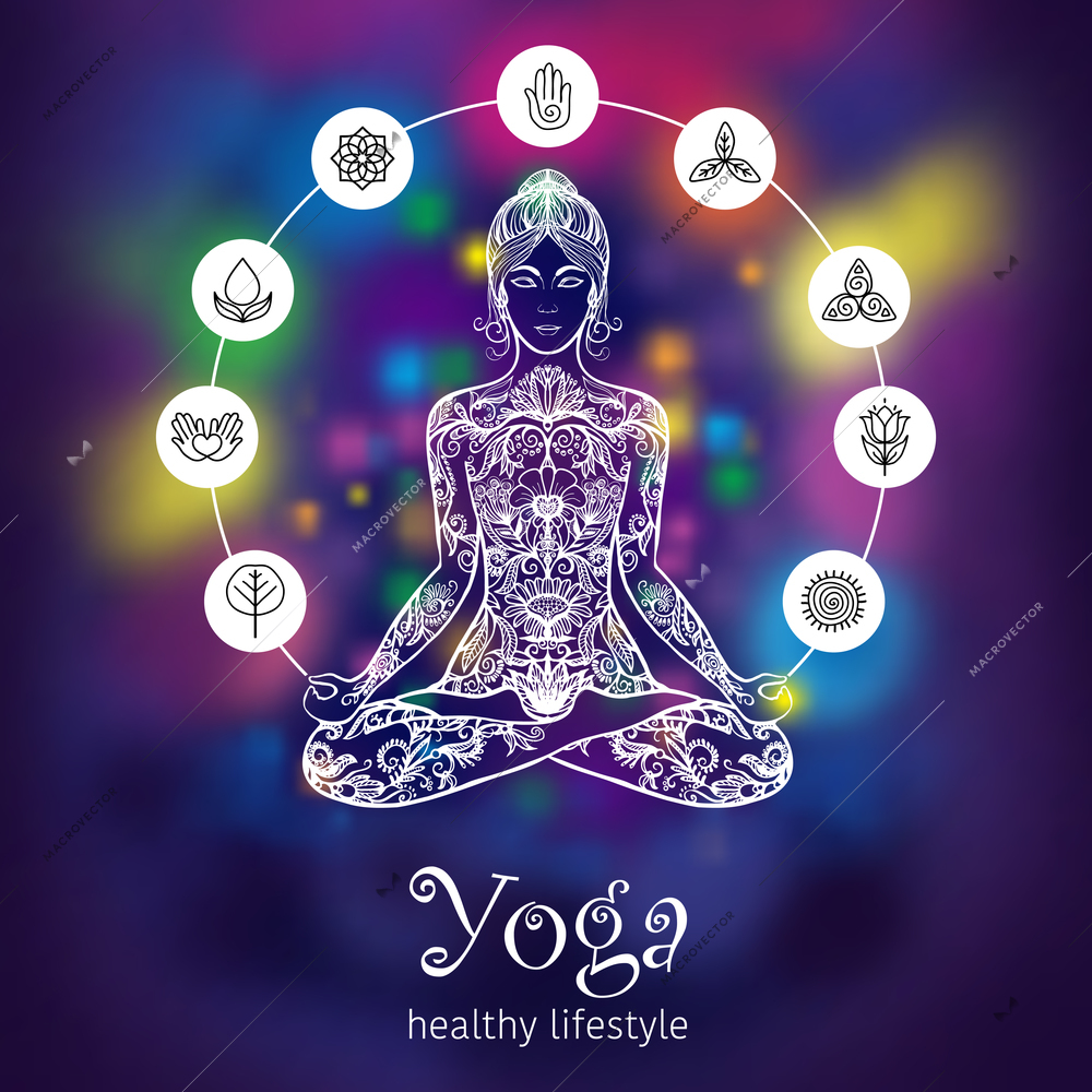 Meditating in crossed-legged yoga lotus pose woman with 7 chakras symbols poster colorful background abstract vector illustration