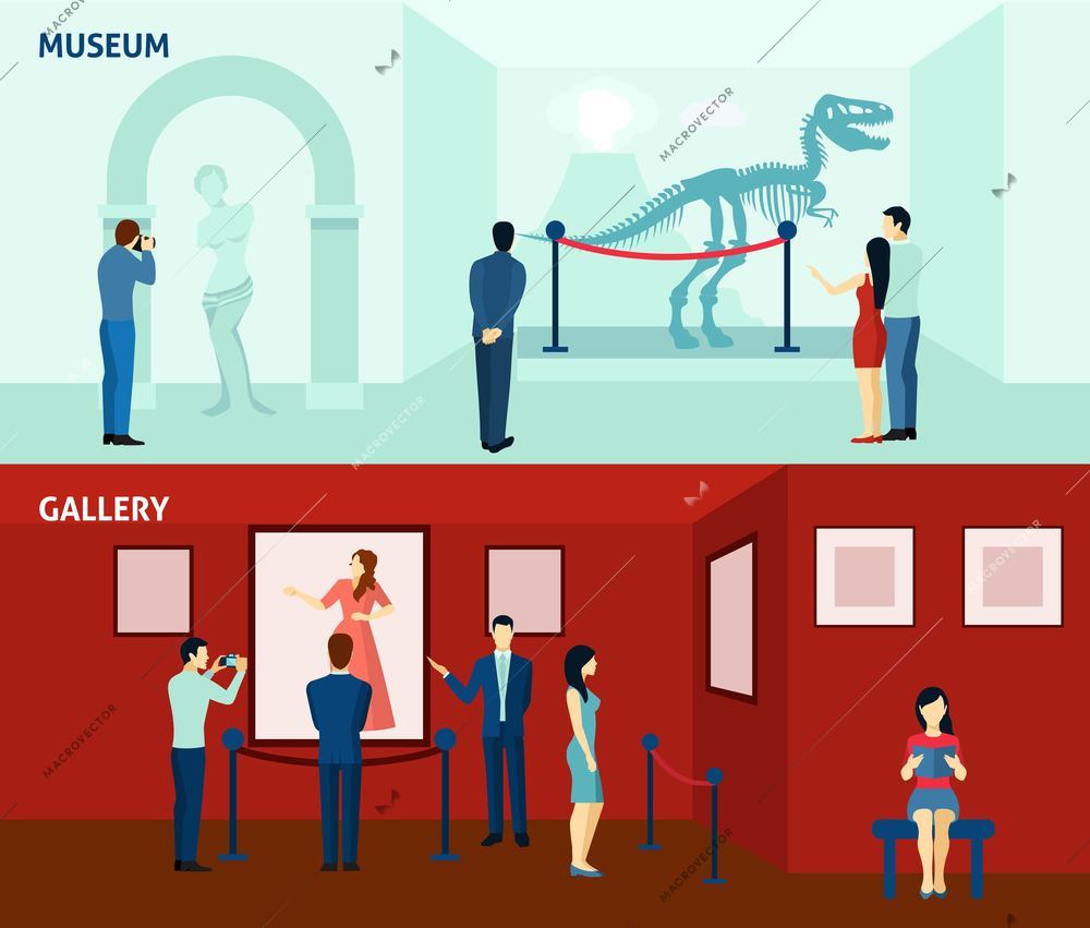 Art gallery visitors and antique museum of paleontology 2 flat banners composition poster abstract isolated vector illustration