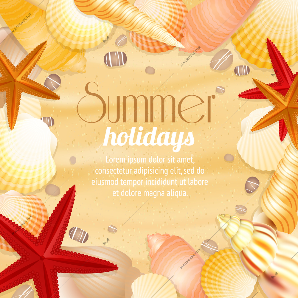 Summer holiday vacation travel background poster with beach sand seashells and starfish vector illustration