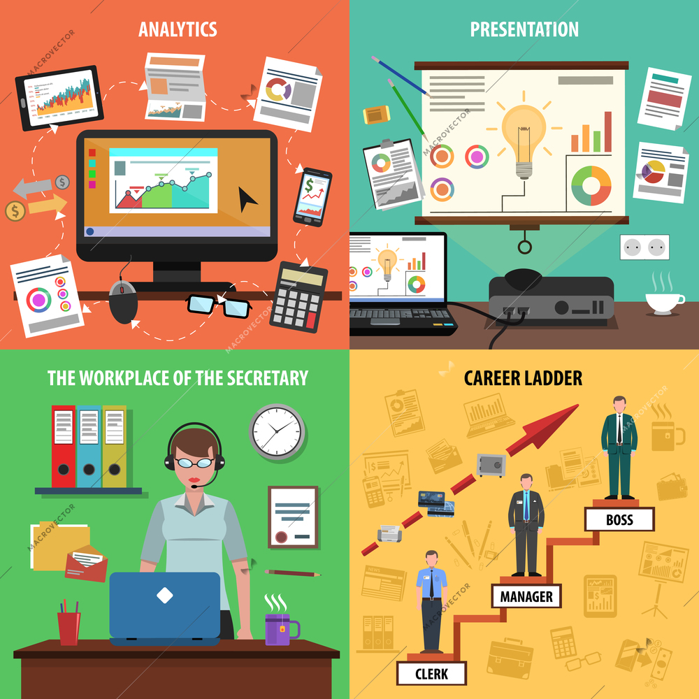 Office design concept set with workplace presentation and career flat icons isolated vector illustration