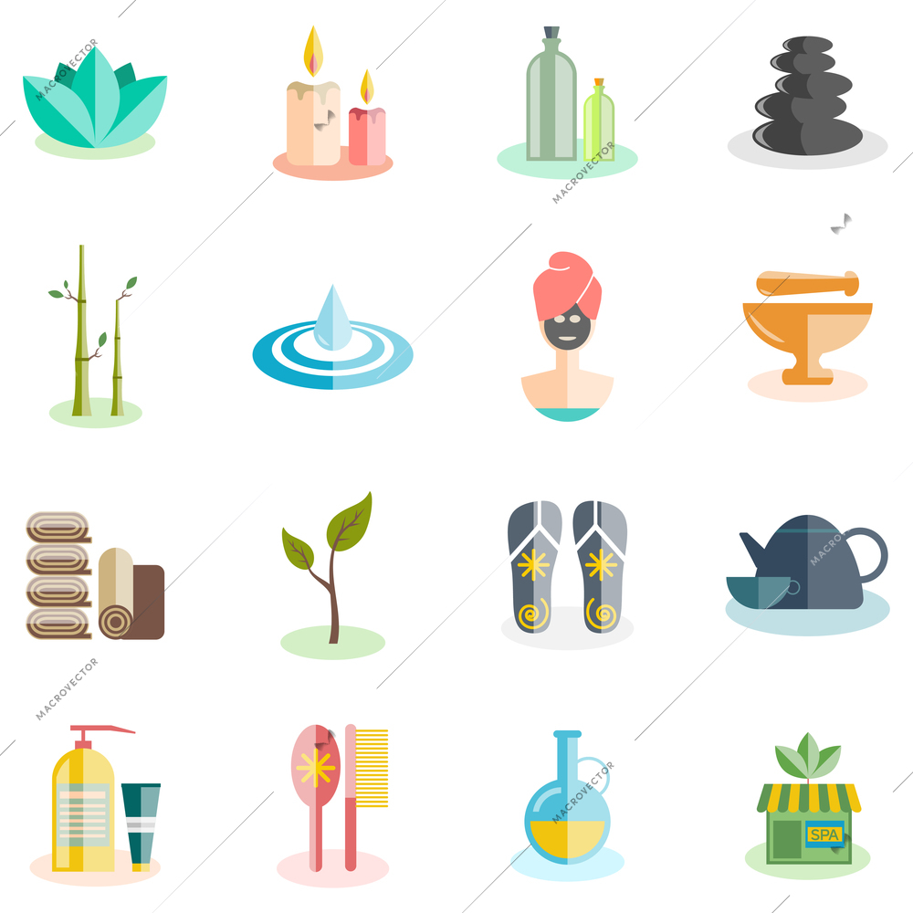 Spa and beauty icons set with relax and cosmetics flat isolated vector illustration