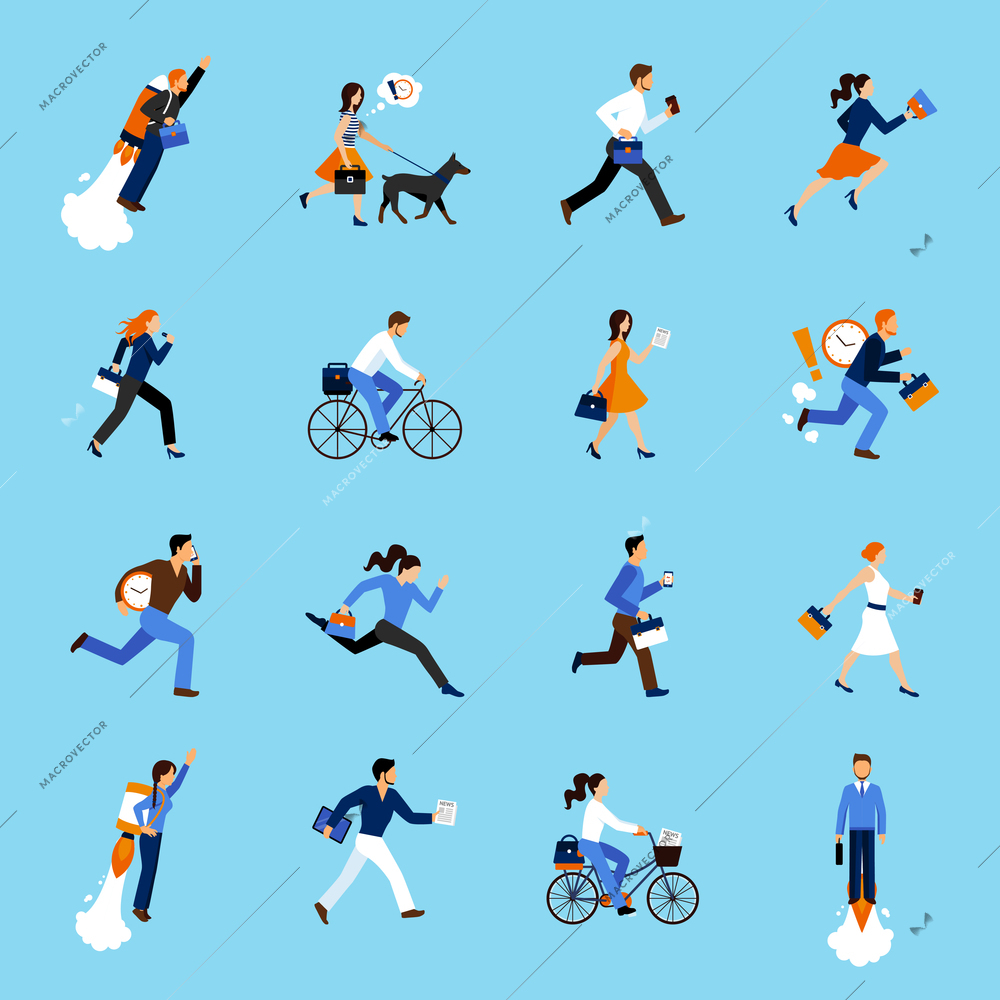 Set of running business people flat icons isolated vector illustration