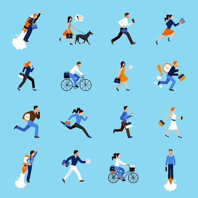 Set of running business people flat icons isolated vector illustration