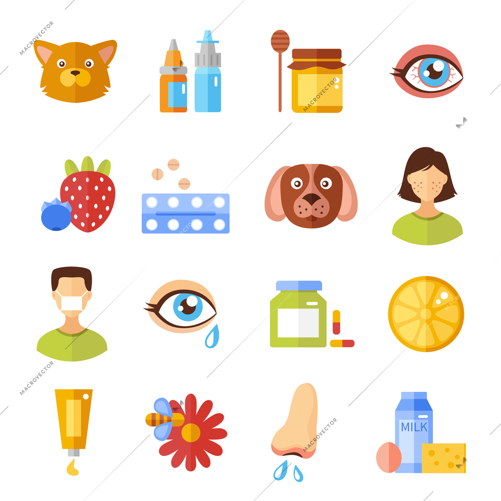 Various allergy types and causes flat style icons isolated vector illustration