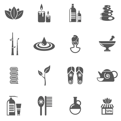 Spa and relax black white icons set with massage face and skin care flat isolated vector illustration