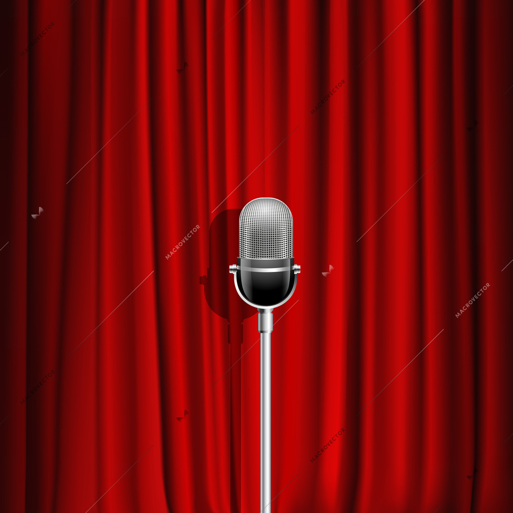 Microphone and red curtain realistic background as stage symbol vector illustration