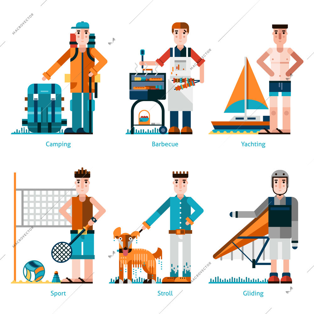 Summer rest icons set with people camping yachting and gliding isolated vector illustration