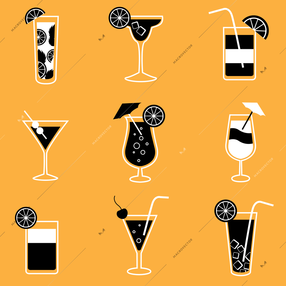 Collection of party cocktails with alcohol drinks martini vodka tequila and brandy isolated vector illustration