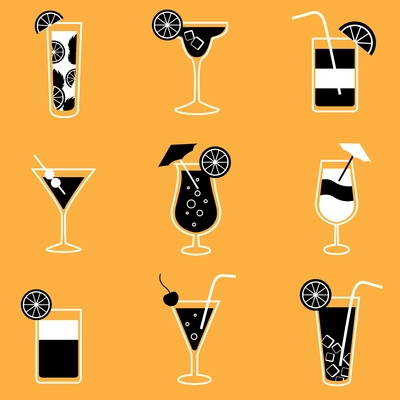 Collection of party cocktails with alcohol drinks martini vodka tequila and brandy isolated vector illustration